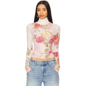 AFRM Zadie Mesh Sheer Turtleneck Top Pink Floral Rose Long Sleeve Romantic Fairy